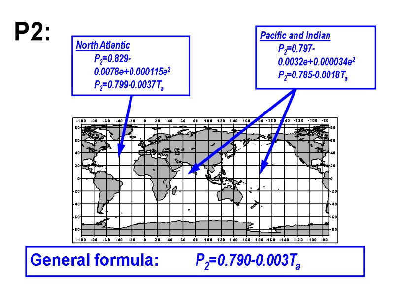 North Atlantic P2=0.829-0.0078e+0.000115e2 P2=0.799-0.0037Ta Pacific and Indian P2=0.797-0.0032e+0.000034e2 P2=0.785-0.0018Ta General formula:   